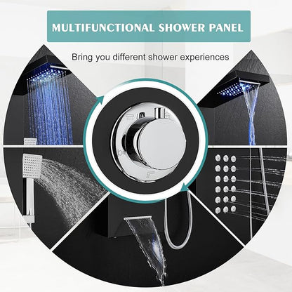 LED Shower Panel Tower System Black with Rainfall Waterfall Shower Head, 5-in-1 Shower Tower with Powerful Body Jets, Handheld Shower and Tub Spout, High Pressure Shower Column Stainless Steel