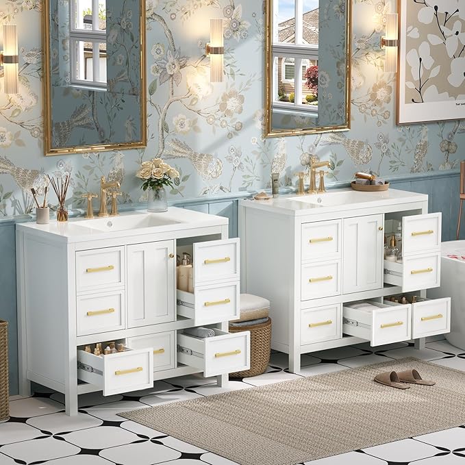 Merax 30 72 Inch White Bathroom Vanity with Double Sink,Modern Double Sink Vanity with 10 Drawers & 2 Spacious Cabinets,Soft Closing Doors with Gold Handles,Solid Wood Frame,Grid Front(2 * 36 Inch)
