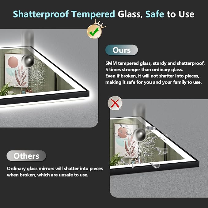 48x30 Black LED Bathroom Mirror, Backlit & Front Lit Lighted Mirror | Metal Framed Anti-Fog Vanity Mirror with Lights, 3 Color Dimmable, Memory, Tempered Glass, CRI95, IP54, Horizontal/Vertical