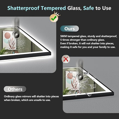 48x30 Black LED Bathroom Mirror, Backlit & Front Lit Lighted Mirror | Metal Framed Anti-Fog Vanity Mirror with Lights, 3 Color Dimmable, Memory, Tempered Glass, CRI95, IP54, Horizontal/Vertical