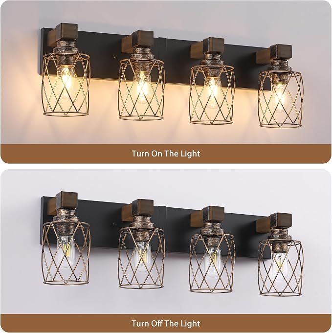 4-Light Black Gold Farmhouse Vanity Light, Wood & Metal Cage Shade | Mounted Over Mirror, Industrial Rustic Style, Ideal for Bathroom, Bedroom, Hallway & Living Room, Easy To Install