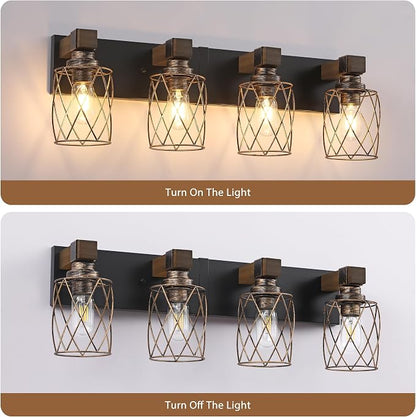 4-Light Black Gold Farmhouse Vanity Light, Wood & Metal Cage Shade | Mounted Over Mirror, Industrial Rustic Style, Ideal for Bathroom, Bedroom, Hallway & Living Room, Easy To Install