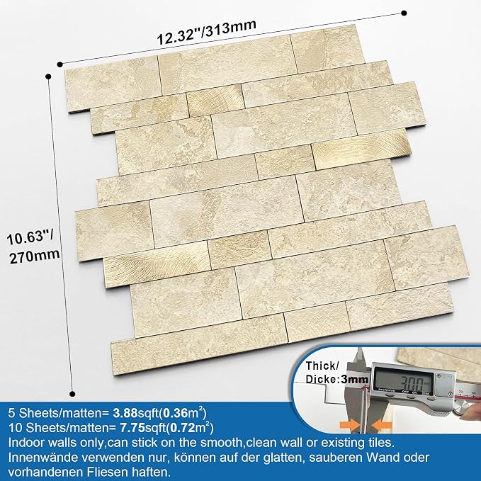 Stone Peel Stick Backsplash Tiles Kitchen Wall Beige Gold 10pcs