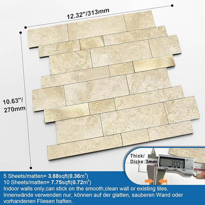 Stone Peel Stick Backsplash Tiles Kitchen Wall Beige Gold 10pcs