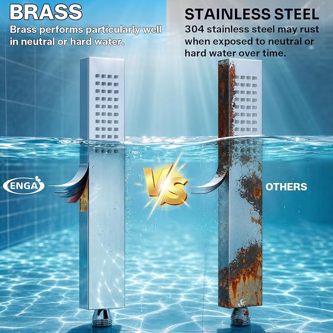 ENGA Square Solid Brass Hand Held Wand Shower Head with Wall Connector and Stainless Steel Hose Set, Chrome