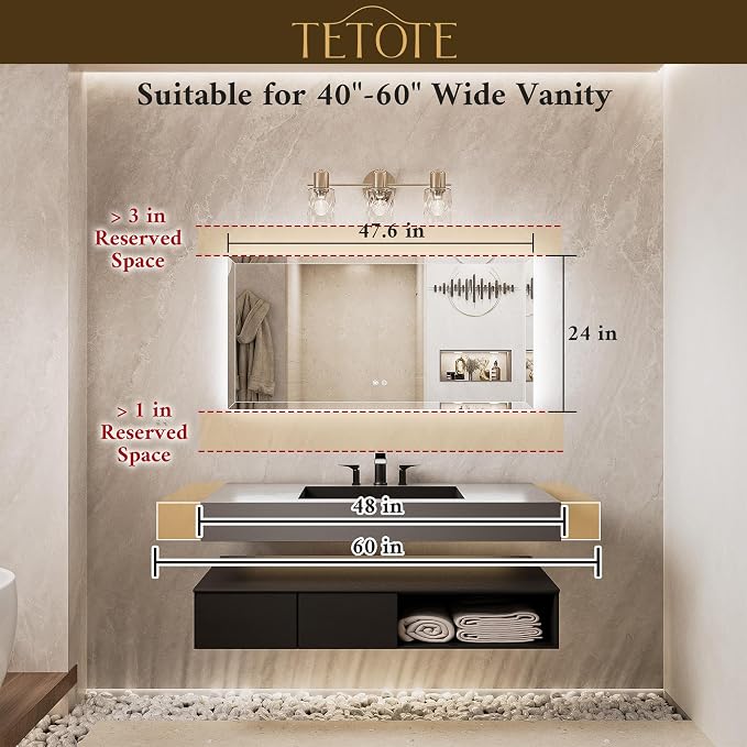 Backlit Bathroom Mirror 48 x 24, Frameless LED Mirror for Bathroom, Safe Tempered Glass, 3 Color Temperature, Defogging, Dimmable, Smart Bathroom Mirror, Wall-Mounted Vanity Mirrors