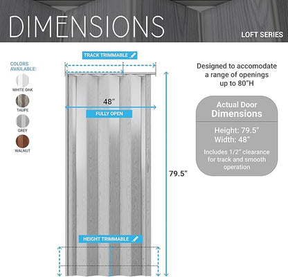 48" x 80" Premium Foldable Accordion Door,Heavy Duty,White Oak | Foldable accordion doors w/ double‑walled heavy‑duty panels, ideal as interior room dividers for privacy, space‑saving design