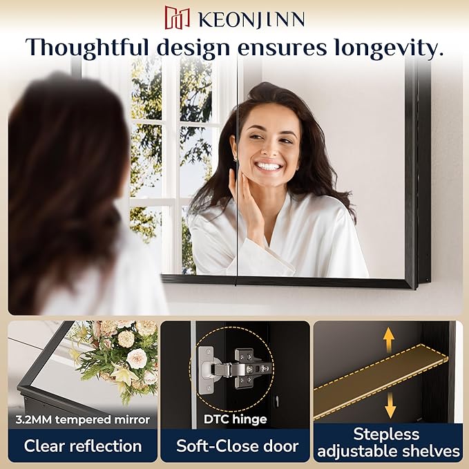 Keonjinn Black Medicine Cabinet Mirror 24" x 32", Assembly Needed, Recessed Medicine Cabinet with Mirror for Bathroom, Beveled Framed, Surface Wall-Mounted or Recessed, Tempered Glass