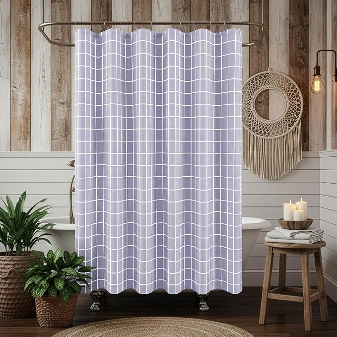 Fabric Farmhouse Shower Curtain-Cloth Extra Long Shower Curtains Bathroom | 72"Wx84"L Lavender Faux Linen Grid Minimalist Simple Rustic Neutral Shower Curtain-Geometric Plaid Washable Hotel Quality