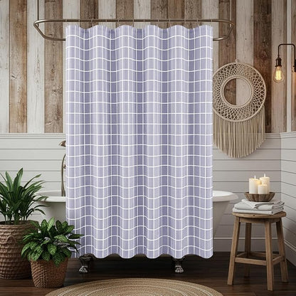 Fabric Farmhouse Shower Curtain-Cloth Extra Long Shower Curtains Bathroom | 72"Wx84"L Lavender Faux Linen Grid Minimalist Simple Rustic Neutral Shower Curtain-Geometric Plaid Washable Hotel Quality