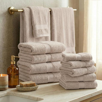 SUPERIOR Egyptian Cotton Ultra Plush & Absorbent, 12 Piece Set, Stone | Heavyweight 12 Pc Egyptian Cotton Towel Set Includes 4 Bath Towels 4 Hand Towels 4 Washcloths Decorative Rope Border