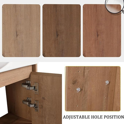 30" Freestanding Bathroom Vanity with Sink, Floor Cabinet, Natural | Integrated Ceramic Sink, Soft-Close Door & 3 Open Storage Shelves, Small Bath Vanity Set, Easy to Clean