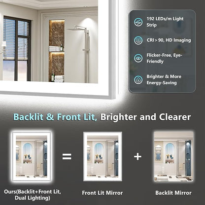 32x36 Inch Brushed Nickel LED Bathroom Mirror, Backlit & Front Lit | Silver Framed Anti-Fog Lighted Vanity Mirror with Lights, 3 Color Dimmable, Memory, HD Tempered Glass, CRI95, IP54, UL Listed