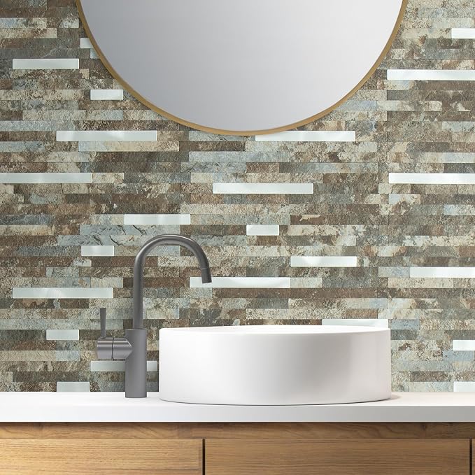 AULIGET 2 Sheets Beige & Brown Slate Peel and Stick Backsplash, PVC Mixed Metal Silver Wall Tile Stick on Backsplash for Kitchen and Bathroom