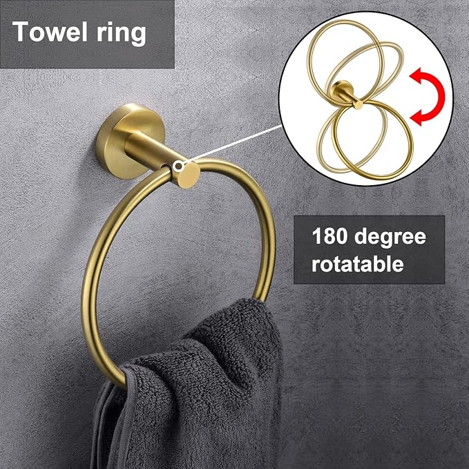 Brushed Gold Flip Toilet Paper Holder, Towel Ring Set 2 Pieces Hand Towel Holder for Bathroom Hardware Accessories Set SUS304 Stainless Steel Sturdy Wall Mount Bathroom Holder