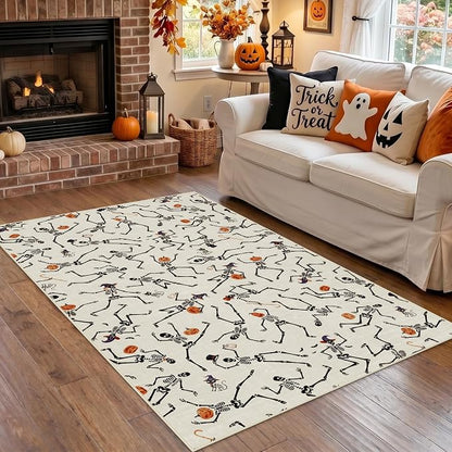 Tribesigns Washable 3x5 Halloween Area Rugs for Entryway Door, Ultra Thin Non-Slip Kitchen Rug, Funny Skeleton Indoor Carpet for Office Bathroom Living Room Kids Bedroom Decor, Beige/3x5