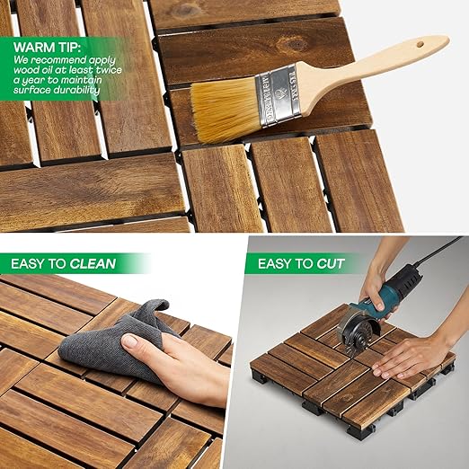 Idzo Interlocking Deck Tiles 9.6 SQFT - 10PCS Waterproof Acacia Wood Patio, Flooring Panels for Indoor and Outdoor - Decking Checker Pattern, 11.81 x 11.81 x 0.91 Inches, Golden