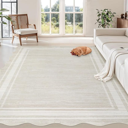 GarveeHome Scalloped 5x7 Area Rugs for Living Room, Washable Modern Bordered Solid Rug for Bedroom, Scalloped Non-Slip Stain Resistant Rug for Dining Room Home Office Dorm, Cream