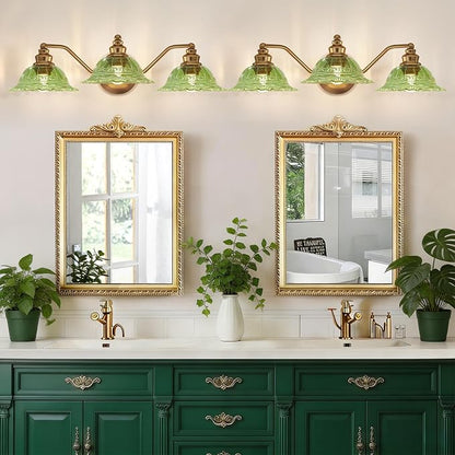 Redluck Vintage Bathroom Vanity Light Fixture, 3-Light Bathroom Lighting Fixtures Over Mirror, Antique Brass Finish with Green Crystal Glass Shade, Wall Sconces Lighting for Bedroom, Living Room