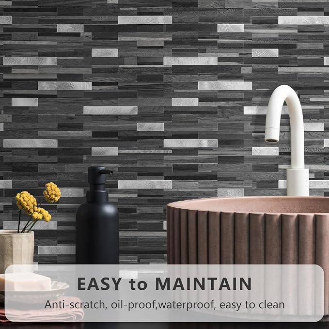 STICKGOO Peel and Stick Backsplash Tile, Stick on Backsplash for Kitchen and Bathroom, Black Grey Wood Look PVC Mixed Metal Silver Self Adhesive Wall Tiles(Sample)