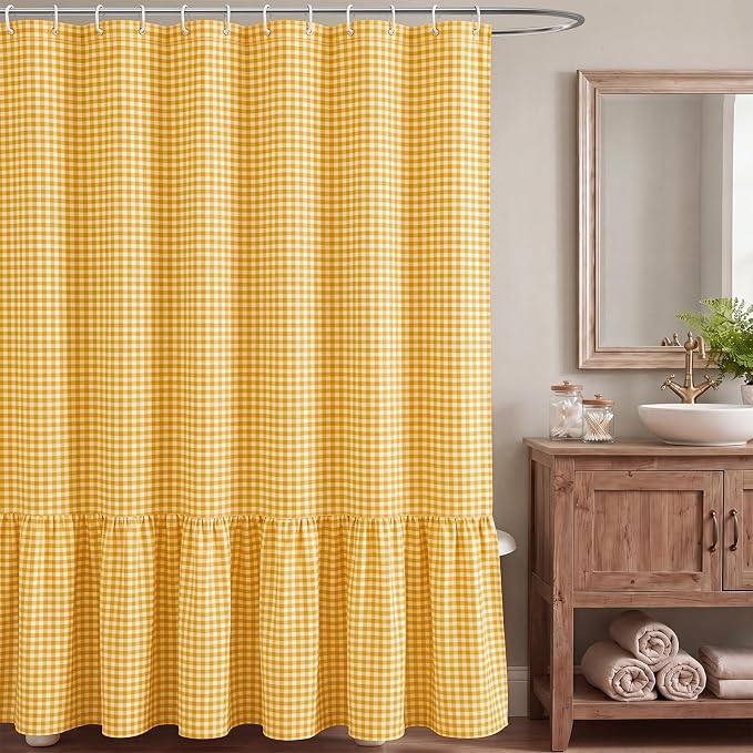 HunnmingRe Ruffle Hem Gingham Shower Curtain Yellow | 72'' x 72'' Vintage Farmhouse Curtain, Cotton Cottage Core Rural Checkered Plaid Decor, Fall Shower Curtain for Bathroom