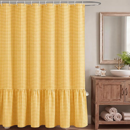 HunnmingRe Ruffle Hem Gingham Shower Curtain Yellow | 72'' x 72'' Vintage Farmhouse Curtain, Cotton Cottage Core Rural Checkered Plaid Decor, Fall Shower Curtain for Bathroom