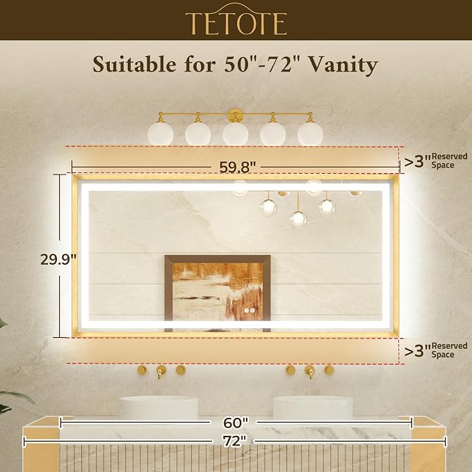 60 x 30 Large Bathroom Mirror Brushed Nickel Metal Frame Frontlit & Backlit Vanity Mirror 3 Colors White/Warm/Natural Stepless Dimmable Anti-Fog Bathroom Mirrors for Vanity Wall-Mounted