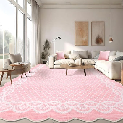 GarveeHome Washable Scalloped Pink Rugs 5x7 Modern Abstract Living Room Rug, Stain-Resistant Scalloped Throw Rug, Soft Faux Wool Rugs for Nursery, Dorm, Girls Bedroom, Pink