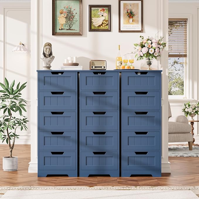 FOTOSOK Bathroom Cabinet, Bathroom Storage Cabinet with 5 Drawers, Blue | Narrow Bathroom Storage with Cut-Out Handles, 11.8” x 15.7” x 40.1”, Slim & Small Floor Cabinet for Laundry/Hallway