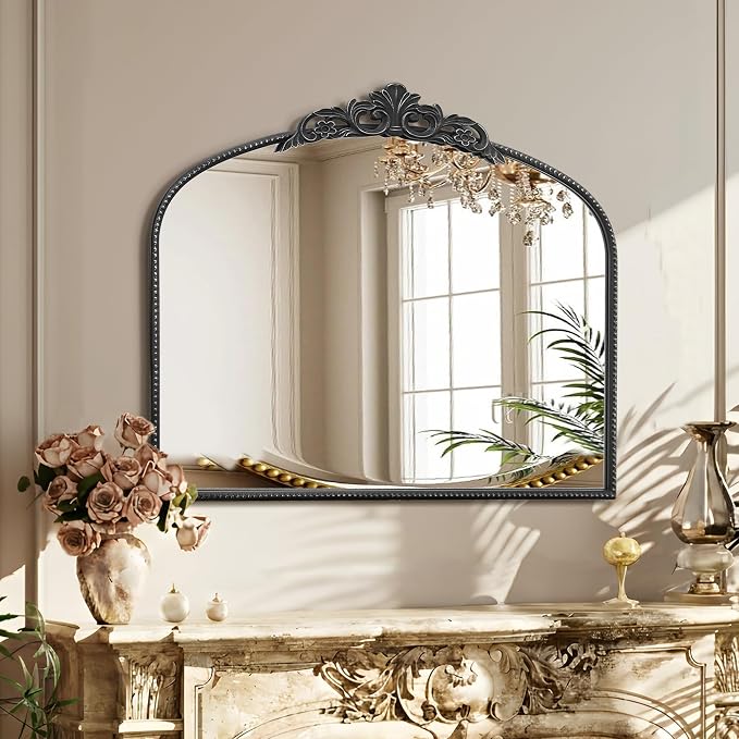 Micasso Vintage Black Arched Mirror: 36"x29" Baroque Antique Wall Mirror | Traditional Ornate French Decorative Wall Mirror for Bedroom/Bathroom/Entryway/Hallway/Dresser/Vanity/Mantel/Nightstand