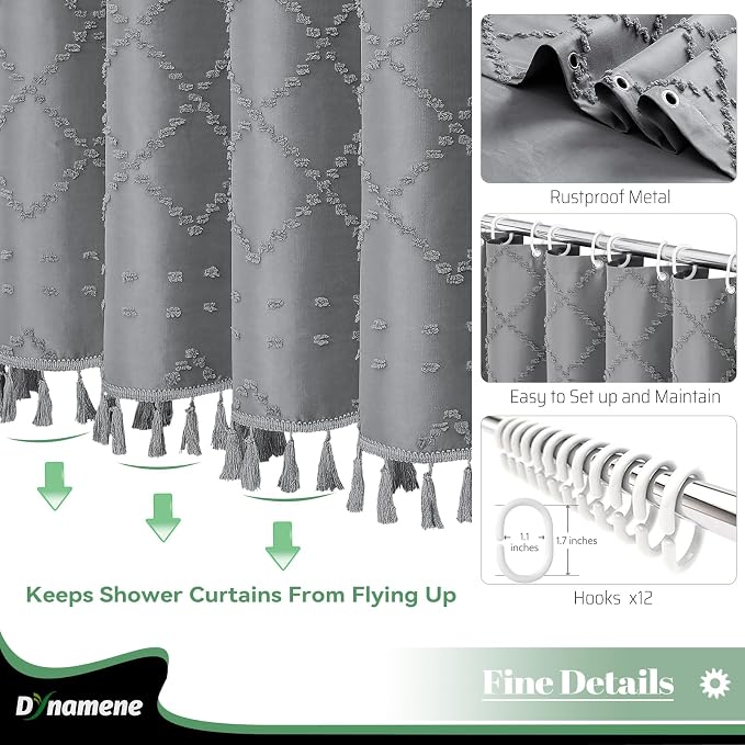 Extra Long Boho Shower Curtain Tufted Geometric 72"x96" Grey | 96 Inch Tall, Elegant Tassel, Lightweight Textured Fabric, Water Repellent, Washable, Hotel Spa, for Bathroom/Dorm 12 Hooks