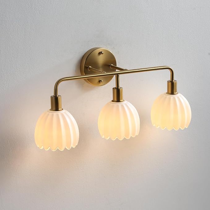 Brushed Gold 3-Light Vanlity Light Over Mirror,Wall Sconces,Gold Brass Bathroom Light Fixture with White Glass Flower Shade,E26 Socket(Bulbs Not Included)