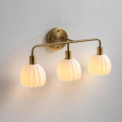 Brushed Gold 3-Light Vanlity Light Over Mirror,Wall Sconces,Gold Brass Bathroom Light Fixture with White Glass Flower Shade,E26 Socket(Bulbs Not Included)