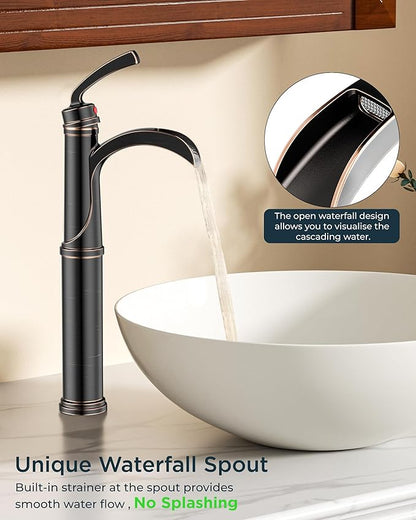Forious Bathroom Faucets Oil Rubbed Bronze, Tall Waterfall Bathroom Faucet Single Handle One Hole Deck Mount Vessel Bathroom Sink Faucet Bowl with Metal Pop Up Drain and Supply Lines