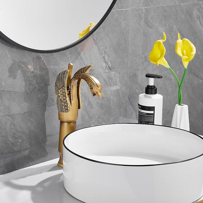 Antique Brass Swan Shape Single Handle One Hole Bathroom Vessel Sink Faucet Deck Mount Lavatory Sink Faucet
