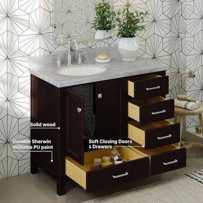 ARIEL Cambridge 42-inch Bathroom Vanity with Sink,Solid Wood, 1.5-inch Italian Carrara Marble Countertop & Backsplash, Single Oval Porcelain Sink, 2 Soft Closing Doors, 5 Dovetail Drawers, Espresso