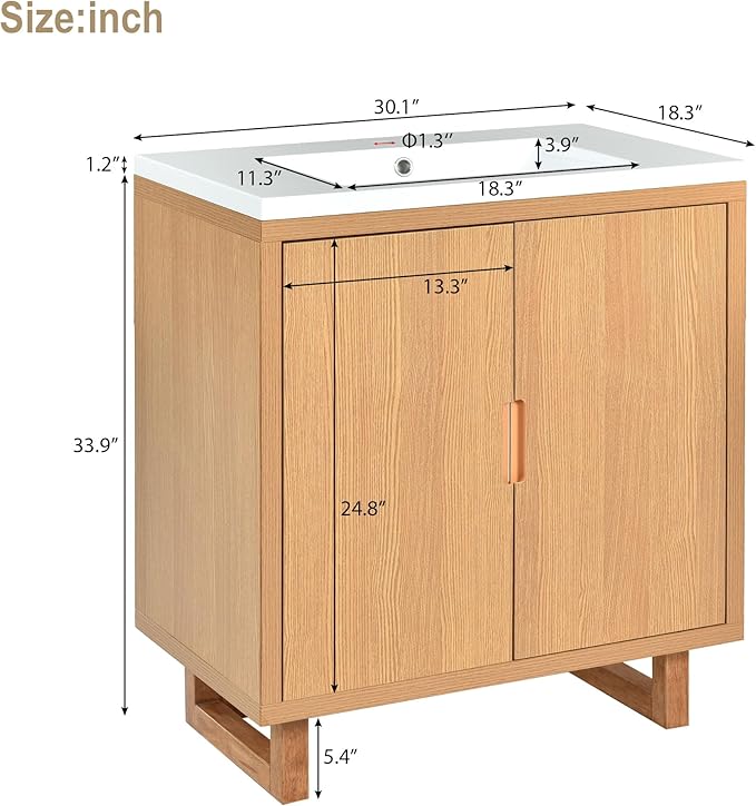 Favfurish 30" Bathroom Vanity with Resin Sink,Undermount Single Basin Bath Vanity Set w/2 Soft Closing Doors,Transitional Freestanding Storage Cabinet,Solid Wood Frame,Burly Wood