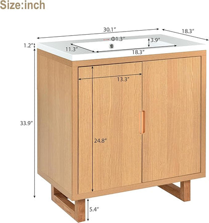 Favfurish 30" Bathroom Vanity with Resin Sink,Undermount Single Basin Bath Vanity Set w/2 Soft Closing Doors,Transitional Freestanding Storage Cabinet,Solid Wood Frame,Burly Wood