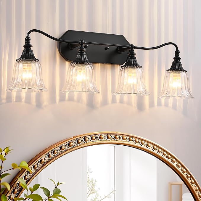 Bathroom Vanity Black Vintage Light Fixture, 4 Lights Bathroom Lighting Matte Antique Brass Finish with Crystal Glass Shade, Black Vintage Vanity Light for Bathroom‘s