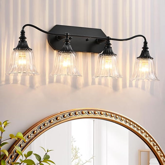 Bathroom Vanity Black Vintage Light Fixture, 4 Lights Bathroom Lighting Matte Antique Brass Finish with Crystal Glass Shade, Black Vintage Vanity Light for Bathroom‘s
