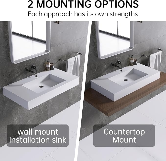 35"X19" Wall Mount Sink, Stone Bathroom Sink without Holes | Matte Bathroom Vanity Vessel Sinks Rectangle, Modern Floating or Countertop Freestanding Wall Hang Sink Bowl
