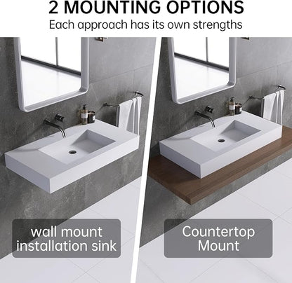 35"X19" Wall Mount Sink, Stone Bathroom Sink without Holes | Matte Bathroom Vanity Vessel Sinks Rectangle, Modern Floating or Countertop Freestanding Wall Hang Sink Bowl