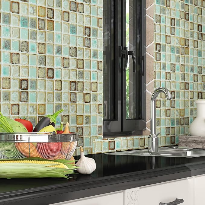 Livelynine Waterproof Wallpaper Peel and Stick Contact Paper Sage Green 15.8x394 Mosaic Tile Bathroom Wallpaper Stick on Vinyl Wrap Self Adhesive Wall Paper Roll for Kitchen Backsplash Shower
