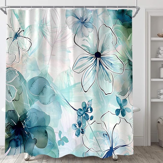 Sanzugh Teal Floral Shower Curtain, Boho Emerald Sage Hunter Olive Green Blue Abstract Flowers Art Cute Fabric Shower Curtains Set for Bathroom Decorative with Hooks 60 X 72 inch Spring Bath Decor