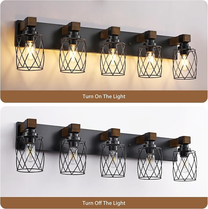 Farmhouse 5-Light Wood Bathroom Vanity Light, Black Metal Cage Shade | Mounted Over Mirror, Industrial Rustic Style, Ideal for Bathroom, Bedroom, Hallway & Living Room, Easy To Install