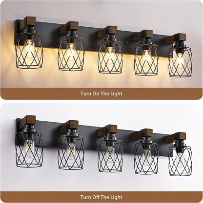 Farmhouse 5-Light Wood Bathroom Vanity Light, Black Metal Cage Shade | Mounted Over Mirror, Industrial Rustic Style, Ideal for Bathroom, Bedroom, Hallway & Living Room, Easy To Install
