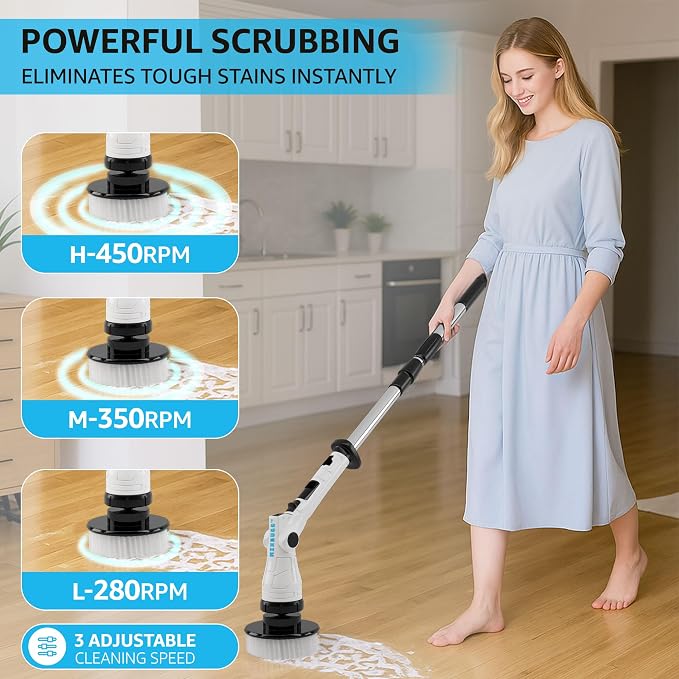 Electric Spin Scrubber, 3 Speeds 8 Heads Bathroom Cleaning Brush | 6-Angle Adjustable Head, 54" Extendable Handle, IPX6 Waterproof, Cordless, Shower Cleaner Brush for Tub Grout Tile Floor Car