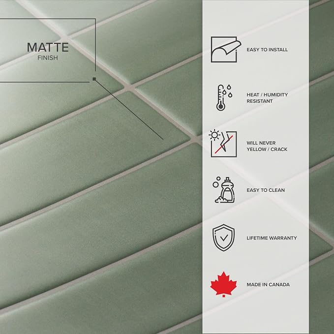 Smart Tiles Peel and Stick backsplash, Stacked Olive Green, 11.43"x9" | Pack of 5 (3.5 sq ft), Matte, Heat/Moisture Resistant, Low VOC, Kitchen/Bathroom, Renter Friendly, Made in Canada