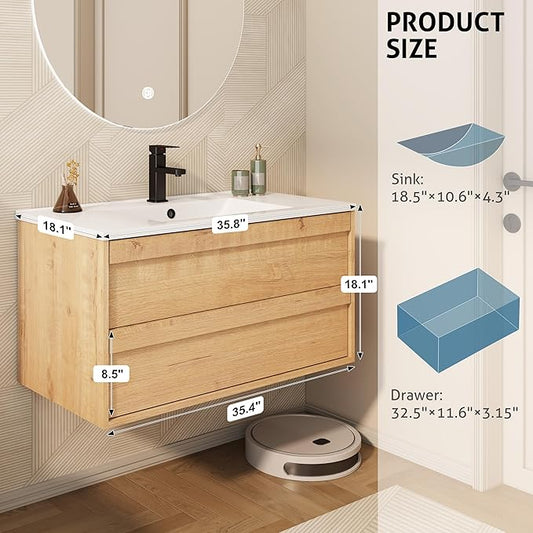 eclife 36" Floating Bathroom Vanity Sink Combo, Wall Mounted Modern Minimalist Storage Cabinet with 2 Drawers, Include Sink, Faucet & Drain, Natural