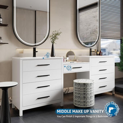 eclife 84" Bathroom Vanity Sink Combo, Modern Painted Vanities Storage Cabinet with 24" Mid Makeup Vanity Desk, 30" Dual White Basins, Faucets & Drains, White